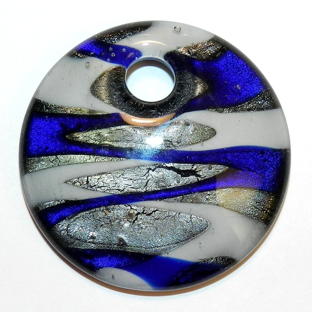Blue White Swirl Silver Foil 50mm Flat Round Lampworked Glass Pendant 1pc P2649